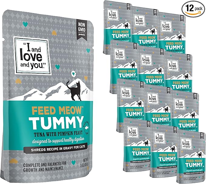I AND LOVE AND YOU Feed Meow Tummy Wet Cat Food - Tuna + Pumpkin - Digestion Support, Grain Free, Shredded, 3oz Pack of 12