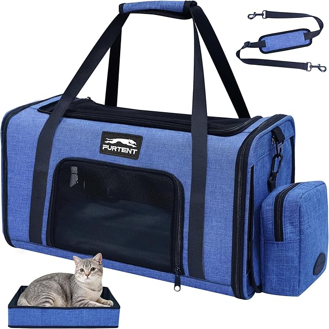 Soft Sided Cat Carrier Airline Approved up to 15lbs, 17x11x9.5 Inch Ventilated Pet Travel Bag with Foldable Litter Box & Storage, Portable Cat Transport Carrier for Flights Car Vet Blue