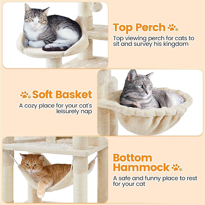 Topeakmart Cat Tree, 67in H Cat Tower for Indoor Cats, Multi-Level Climbing Tree with Scratching Posts Cat House w/Large Condo, Soft Hammock, Removable Cat Teaser Sticks, Beige