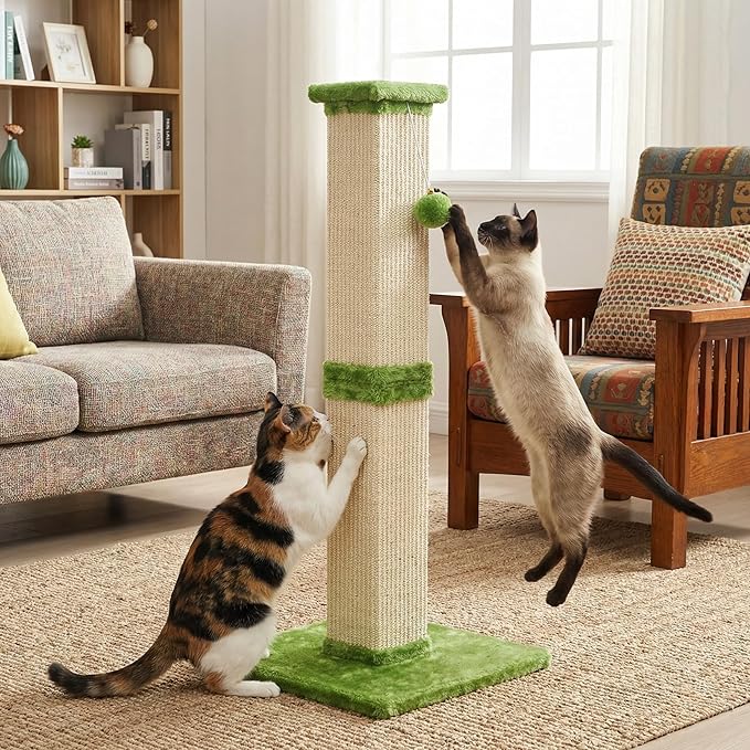 32" Tall Cat Scratching Post, Cat Scratcher with Heavy Duty Thick Wood Base, Cat Tower with Natural Sisal Rope and Hanging Ball, Plant-Like Design Scratching Post, for Small and Adult Kittens, Green