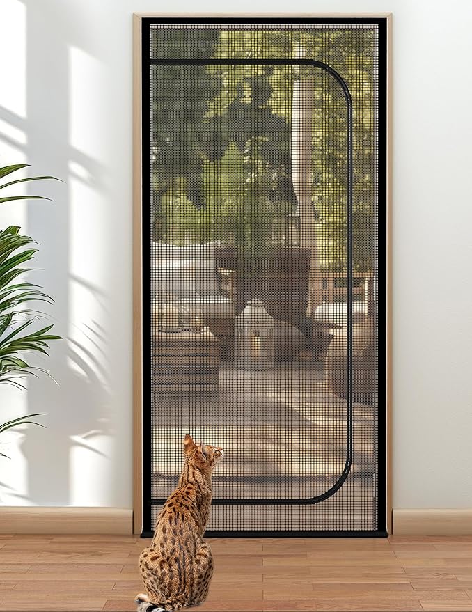 BFNN Cat Screen Door, Extra Tall Cat-Proof Mesh Gate, Fit Door Size 34'' x 82.5'', Anti Scratch Mesh with Zipper Closure, for Living Room, Kitchen, Bedroom (Black)