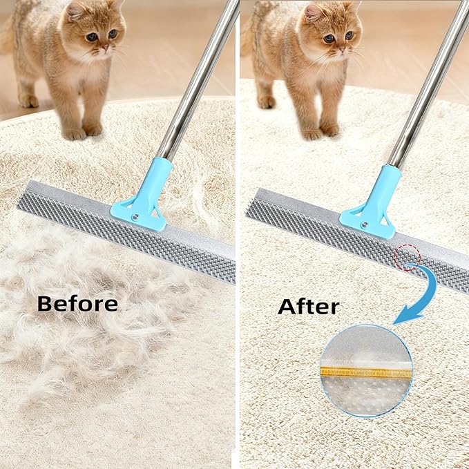 [Pet Days 2026] Lazyfeel Pet Hair Remover Rake - Adjustable 18-54" Pole, Double-Sided Rubber Brush for Carpet, Furniture, Stairs & Car,Includes Washable Pads, Handheld Brush & Wall Hook