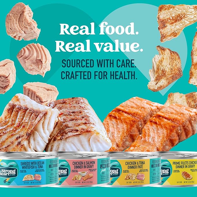 A Strong Heart Wet Cat Food Variety Pack, 4 Flavor Chicken & Seafood Patés & Shreds in Gravy Recipes, Made with Real Chicken & Fish, Made in The USA, 5.5oz Can (40 Count)