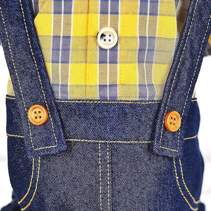 SMALLLEE_LUCKY_STORE Pet Clothes Costume Puppy Denim Overalls for Small Medium Dogs Cats Boys Bowtie Plaid Shirt Jeans Pants Outfits Chihuahua One Piece Jumpsuit,Yellow M
