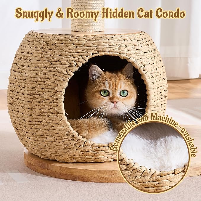 Modern Cat Tree Tower for Indoor Cats, 30" Solid Wood & Rattan Cat Tree Tower with Scratching Posts & Self-Groomer, Super Soft Plush Bed, Hand-Made Wicker Cat Bed Cave for Small to Medium Cats