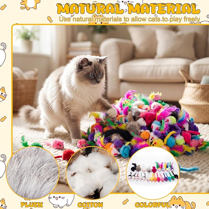 Leitee 201 Pcs Assorted Mice Cat Toys Bulk with Cat Paw Gift Storage Bags Set, Small Furry Mouse Kitten Toy for Indoor Cats, Interactive Play Color Varies (Mix Mice)