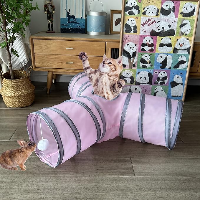 Cat Tunnel Tube Toy Collapsible 3 Way Pink Grey, Pet Tunnels for Indoor Cats, Play Tubes with Hanging Ball Perfect for Kitten, Puppy, Rabbit, Interactive Toys for Fun Playtime & Exercise