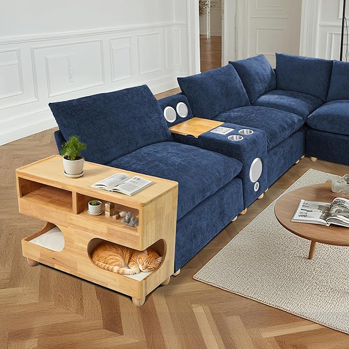 Brelice Sofa Armrest Side Table with Hidden Cat Bed and Storage, Chenille Couch Arm Rest Organizer for Sectional Sofa, Left/Right Side for Living Room