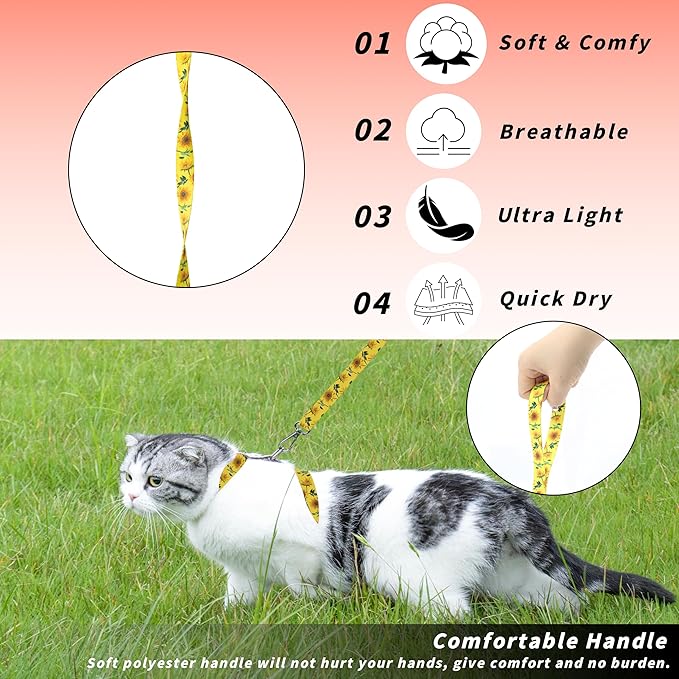 Seyezo Cat Harness and Leash Set, Adjustable Kitten Harness Escape Proof Cats Harness, Soft Lightweight Walking Travel Pet Harness, Cute Kitty Harness Leash Set for Small Medium Cats, Yellow Sunflower