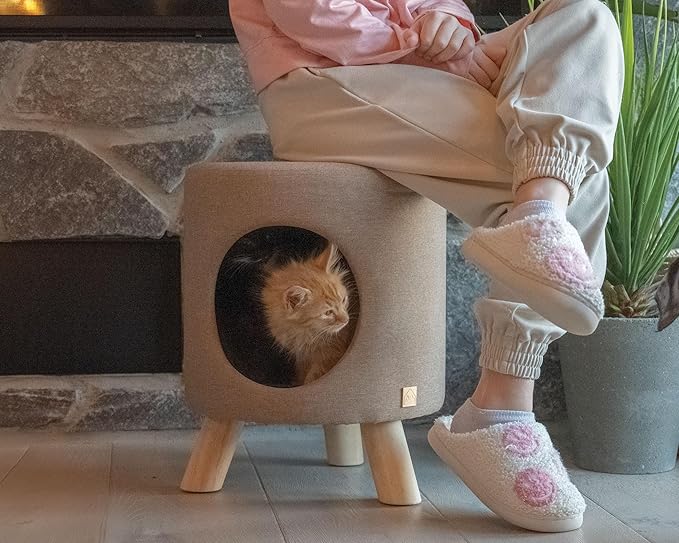 4 Cats & Dogs Wallie Stool – Plush Pet Stool & Bed with Wooden Legs, Cozy Cat Condo Furniture & Pet Nook Hideaway, Multipurpose Stool with Cozy Pads for Cats & Small Dogs, Dark Grey