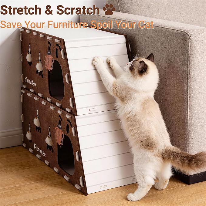 2-Story Interactive Felt Cat Tunnel for Indoor Cats with Catnip Toy, Modular Cat Cave House for Scratching, Play, Hiding & Sleeping, Durable Washable Cat Condo for Large Cats Up to 22LB,Coffee