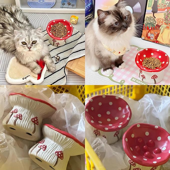 Cat Slow Feeders Set, Raised Ceramic Cat Bowl, Tilted Design, no Black Chin, Gut & Neck-Friendly,Pet Food and Water Bowls (Cute Mushroom Shape)