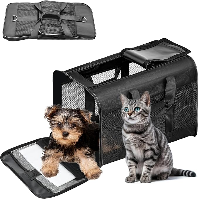 Pet Travel Carrier Soft Sided Portable Bag for Cats, Small Dogs, Kittens or Puppies, Collapsible, Durable, Airline Approved, Travel Friendly (Black Regular)