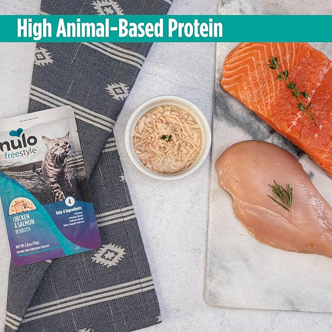 Nulo Freestyle Cat & Kitten Wet Cat Food - Chicken & Salmon in Broth, Grain-Free, High Protein Soft Food Topper Treat, 2.8oz Pouches (Pack of 24)