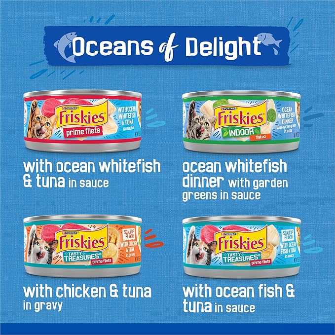 Friskies Purina Wet Cat Food Variety Pack, Oceans of Delight Flaked and Prime Filets - 5.5 oz. Cans (Pack of 80)