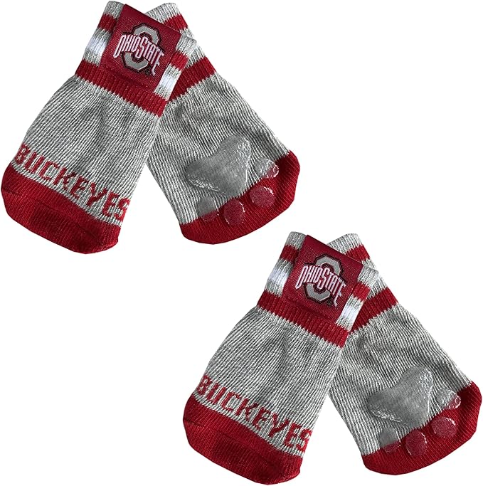 NCAA Ohio State Buckeyes Anti Slip Dog Socks with Elastic Ribbed Top, Size Medium/Large. Indoor/Outdoor Socks, Best Dog Paw Protector, 2 Pairs of Pet Socks with Your Favorite Collegiate Sports Team