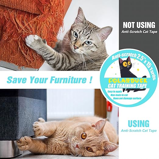 Polarduck Anti Cat Scratch Tape, 2.5 inches x 15 Yards Cat Training Tape, 100% Transparent Clear Double Sided Cat Scratch Deterrent Tape, Furniture Protector for Couch, Carpet, Doors, Pet & Kid Safe