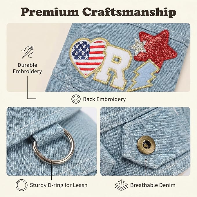 Trendy Dog Denim Vest with Embroidered Patches, Cute Puppy Jacket with D-Ring, Lightweight Pet Clothes for Small Dogs, Stylish Summer Outfit(L)