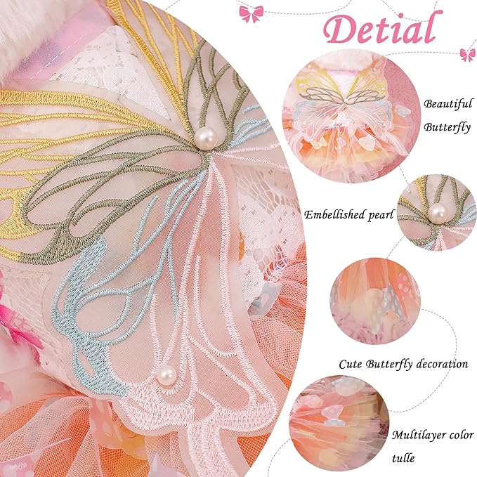 Pet Butterfly Dress,Pink Lolita Dress for Small Dogs Pet Princess Butterfly Wing Lace Tutu Skirt Cat Puppy Kitten for Summer Outfits Spring Gifts