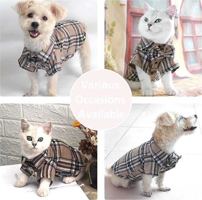 Pet Shirt Clothes for Dogs and Cats, Puppy Plaid Cotton Polo Shirts Adorable Casual Pet Apparel T Shirts (Khaki, Large)