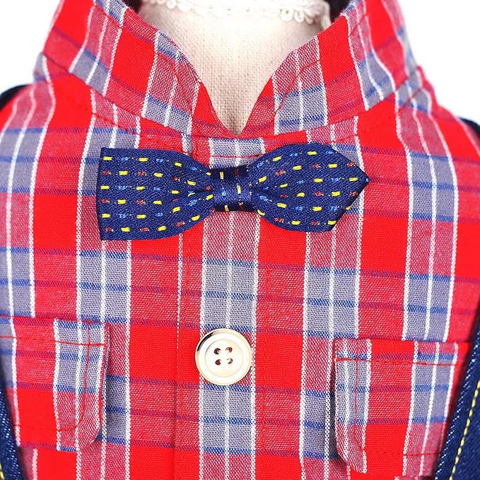 SMALLLEE_LUCKY_STORE Pet Clothes Costume Puppy Denim Overalls for Small Medium Dogs Cats Boys Bowtie Plaid Shirt Jeans Pants Outfits Chihuahua One Piece Jumpsuit,Red L