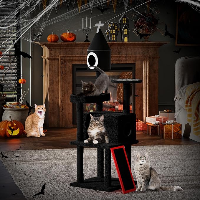 64" Gothic Cat Tree with Coffin Bed, Multi-Level Tall Black Cat Tower Cats with Top Perch, Spacious Condos, Spider Hanging Balls, Scratching Post and Ladder for Large Cats 22 lbs, Black & Red