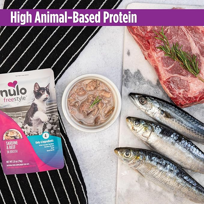 Nulo FreeStyle Cat & Kitten Wet Cat Food - Sardine & Beef in Broth, Grain-Free, High Protein Soft Food Topper Treat, 2.8oz Pouches (Pack of 24)