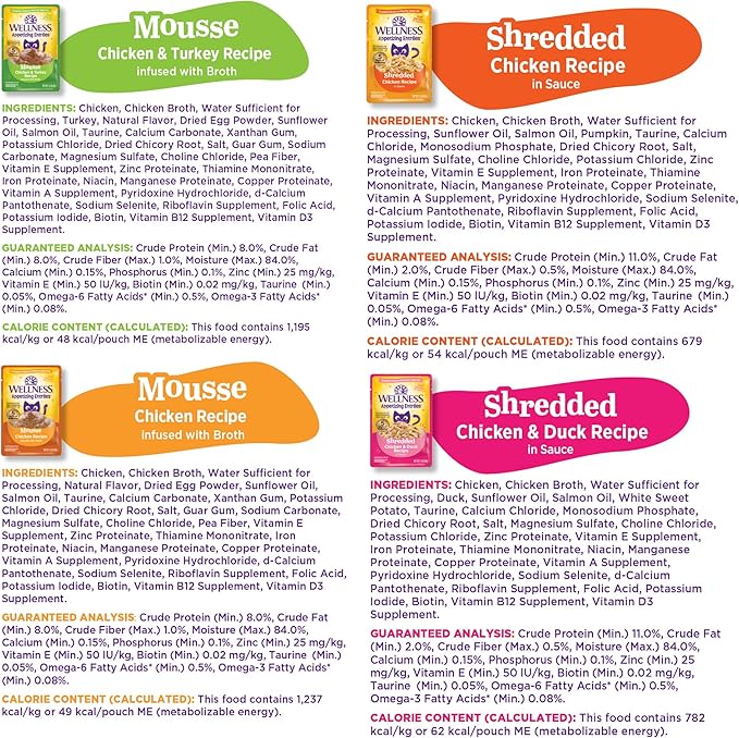 Wellness Appetizing Entrées Shredded and Mousse Variety Pack Adult Wet Cat Food, Natural, Protein Rich, Grain Free, Poultry Recipes, 1.4 oz, Pack of 8 Pouches
