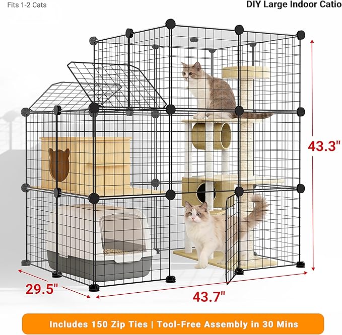 3-Tier DIY Indoor Cat Cage with Skylight, Accommodates Multiple Pets; Foldable Large Cat Cage Enclosure (with Litter Box Area); 43.7-Inch Metal Wire Cat Bed Habitat