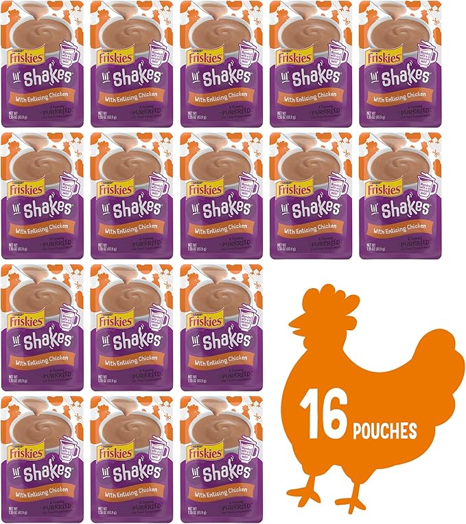Friskies Purina Pureed Cat Food Topper,Lil’ Shakes with Enticing Chicken Lickable Cat Treats - 1.55 oz. Pouches,(Pack of 32)