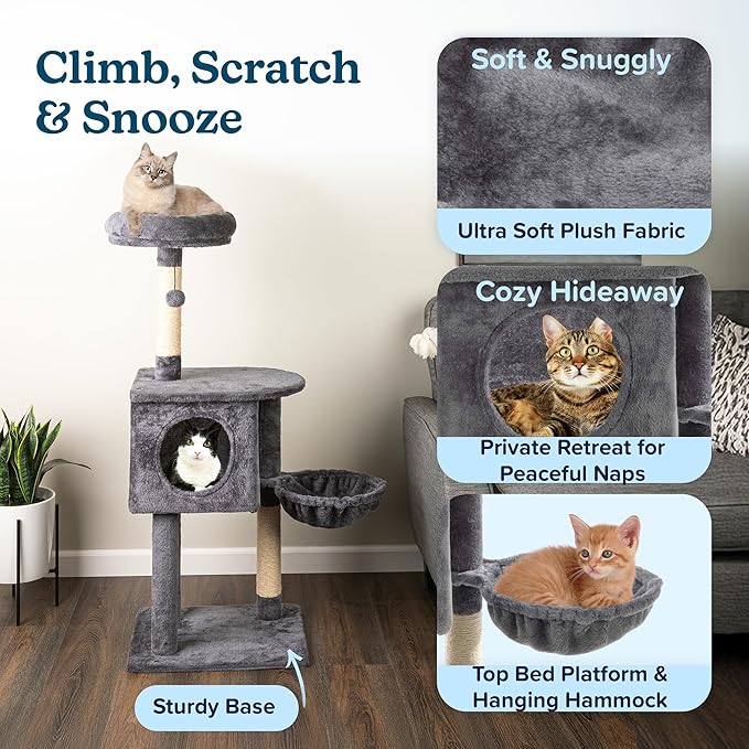 47” Tall Cat Tree Tower - Cat Tower with Hammock, Napping Perches, Kitten Condo, 2 Rope Scratching Posts, and Hanging Toy - Multi-Level Kitten Tree and Climbing Activity Furniture by PETMAKER (Gray)