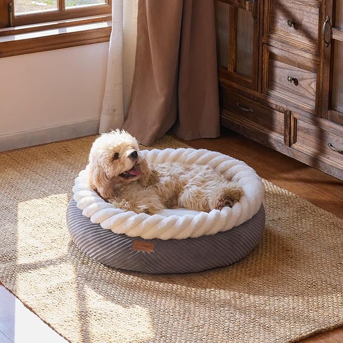 FUKUMARU Dog Bed, 25in Large Round Cat Beds, Plush Faux Fur&Corduroy Cat Beds, Cute Round Washable Pet Bed for Large Cats and Small Dogs, Cat Cave with Anti-Slip Bottom, 25inch, Grey