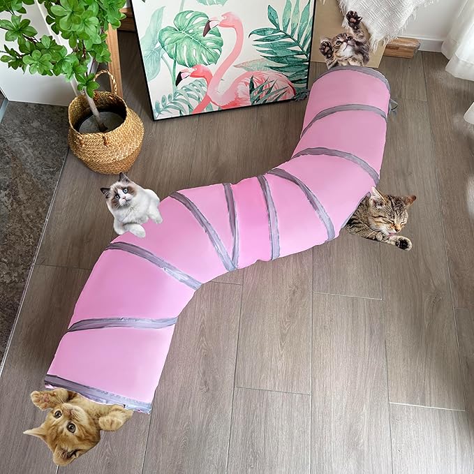 Cat Tunnel Tube Toy Collapsible 2 Way Pink, Pet Tunnels for Indoor Cats, Long Tubes for Kitten, Puppy, Rabbit, Interactive Toys for Fun Playtime & Exercise
