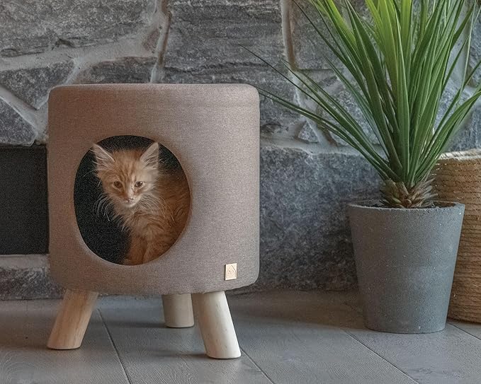 4 Cats & Dogs Wallie Stool – Plush Pet Stool & Bed with Wooden Legs, Cozy Cat Condo Furniture & Pet Nook Hideaway, Multipurpose Stool with Cozy Pads for Cats & Small Dogs, Light Grey