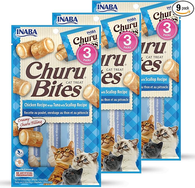 INABA Churu Bites for Cats, Soft Baked Chicken Churu Filled Cat Treats with Green Tea Extract, 0.35 Ounces Each Tube, 9 Tubes Total, Tuna with Scallop Recipe
