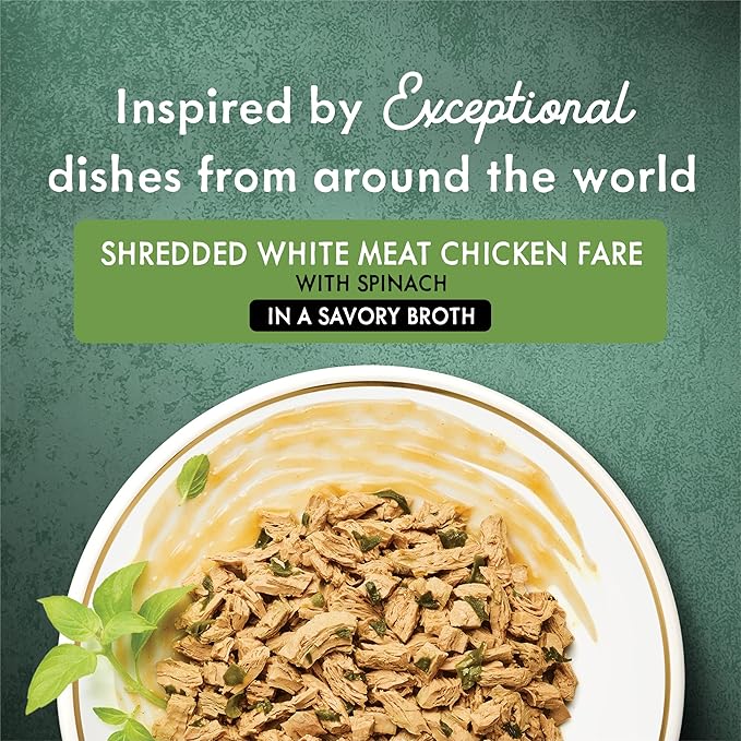 Fancy Feast Purina Wet Cat Food Medleys Shredded White Meat Chicken Fare with Spinach in Savory Cat Food Broth - 3 oz. Cans (Pack of 48)