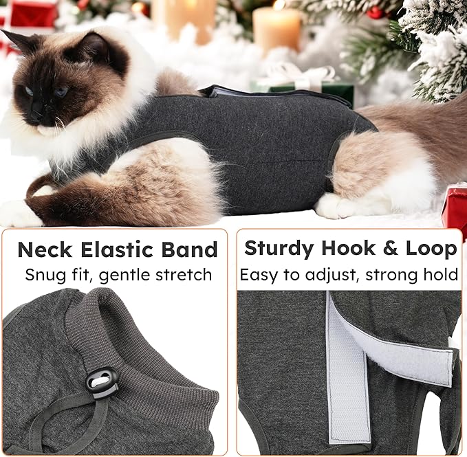 Hpetppy Cat Recovery Suit After Surgery, Breathable Cat Surgery Recovery Suit for Spay Abdominal Wounds or Skin Diseases, E-Collar Alternative Wear for Small Male Female Pets (Dark Grey, L)