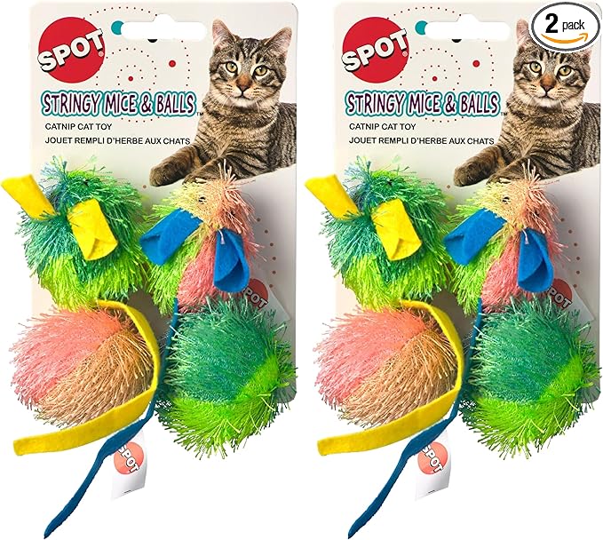 SPOT Stringy Mice & Balls - Catnip Cat Toys, Interactive, Colorful Plush Toys, Fun for Cats and Kittens to Bat and Chase, Boredom Buster - 2 Mice, 2 Balls (Pack of 2)