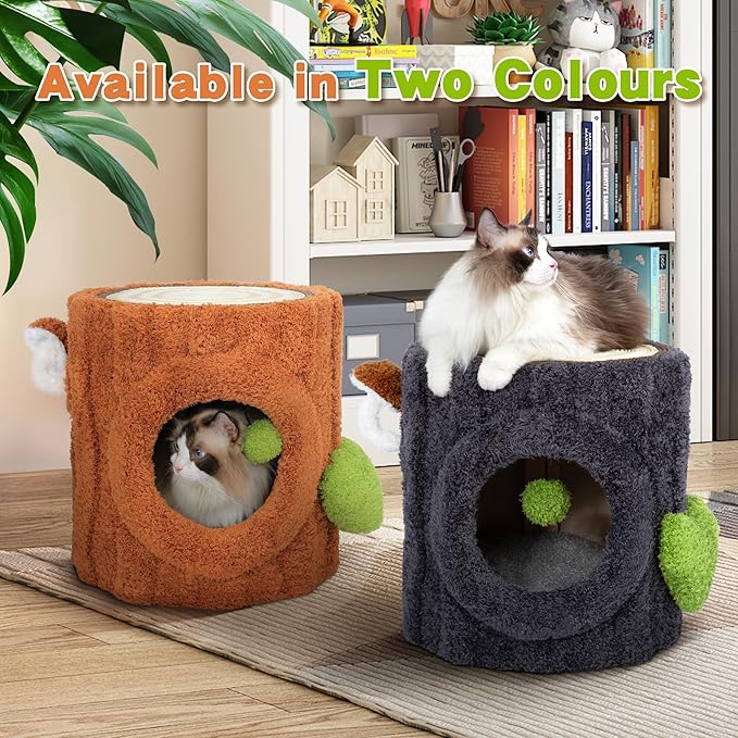 KAMABOKO Cat House for Indoors Cats, Luxury Cat House Bed with Scratch Table ＆ Soft Cushion, Cat Condo with Hanging Ball Toy for Small Medium Pets, Brown