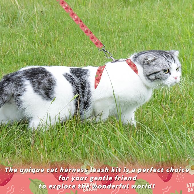 Seyezo Cat Harness and Leash Set, Adjustable Kitten Harness Escape Proof Cats Harness, Soft Lightweight Walking Travel Pet Harness, Cute Kitty Harness Leash Set for Small Medium Cats, Pink Strawberry