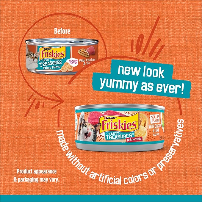 Friskies Purina Wet Cat Food Tasty Treasures with Chicken and Tuna in Gravy (Scallop Flavor) - 5.5 oz. Cans (Pack of 48)