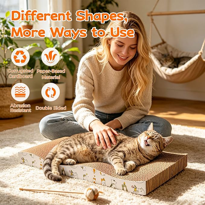 PatiencET Cat Scratcher Cardboard Pads for Indoor Cats, 4-Pack Mixed Flat and Wavy, Catnip Included