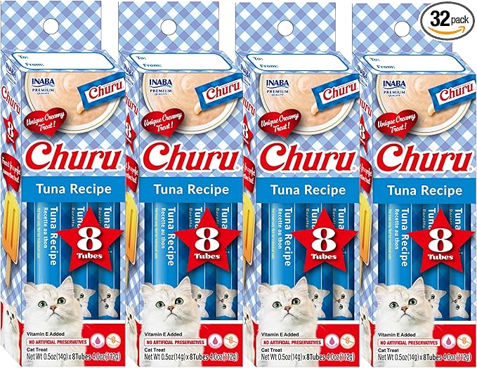 INABA Churu Lickable Purée Natural Cat Treats - Tuna Recipe, 32 Tubes (4 Boxes of 8 Tubes Each)