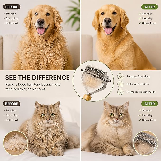Bamboo Pet Grooming Kit for Medium to Long Haired Dogs & Cats, 4-in-1 Dematting Comb Set with Undercoat Rake, Fine/Wide & Long/Short Tooth Combs, Gentle Deshedding Tools for Indoor Pets