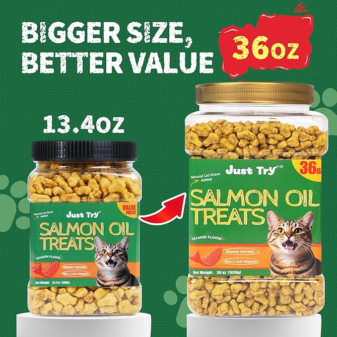 Just Try 36 OZ Cat Grass Treats Salmon Oil Natural Salmon Kitten Healthy Cat Treats Training Biscuits Snacks Fish Oil Omega 3 Supplements for Cats Joint Support & Skin Coat Health