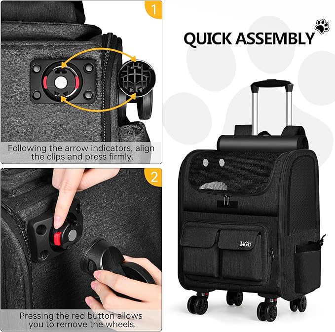 MGB Rolling Cat Carrier with Wheels: Dog Carrier for Small Dogs & Large Cats, Large Cat Carrier with YKK Zipper, Large Capacity, Breathable Mesh, Side Pocket, Black (Not for Airline)