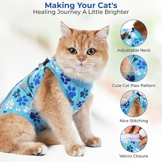Cat Recovery Suit – Soft, Breathable Onesie for Female & Male Pets After Surgery, Spay, Neuter or Wounds, Surgery Outfit, Cone Alternative, Litter Access, Machine Washable, Blue Paw Print