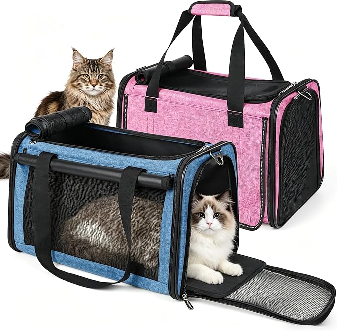 YUDODO 2 Packs 25 lbs Lightproof Soft Sided Pet Carrier for Large Cat & Small Dog Airline Approved Travel Bag Puppy Carriers with Side Pockets & Reflective Mesh, Foldable Portable Pink+Lake Blue