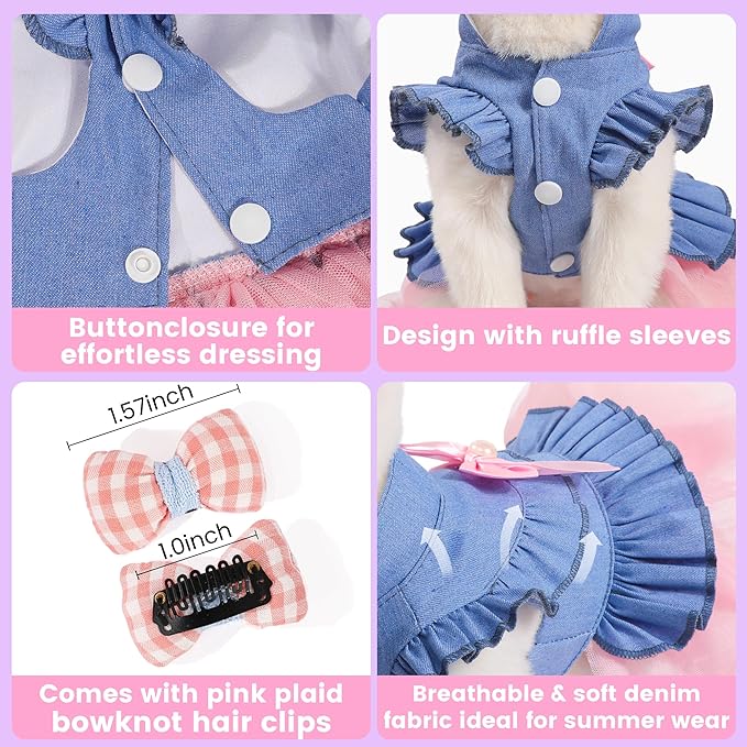Dog Dress, Fashion Puppy Tutu Princess Dresses for Small Dogs Girl, Sweet Skirt with Dog Bowknot Clips, Spring Dog Cat Clothes Pet Apparel (Denim Princess Dress, Small)