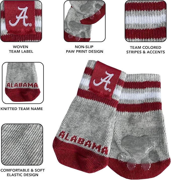 NCAA Alabama Crimson Tide Anti Slip Dog Socks with Elastic Ribbed Top, Size Medium/Large. Indoor/Outdoor Socks, Best Dog Paw Protector, 2 Pairs of Pet Socks with Your Favorite Collegiate Sports Team
